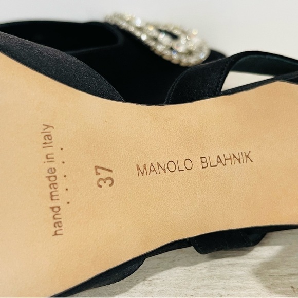 Manolo Blahnik Fiboslac Black Satin Swarovski Crystal Slingback 70MM Pumps SZ 37 - Picture 12 of 14